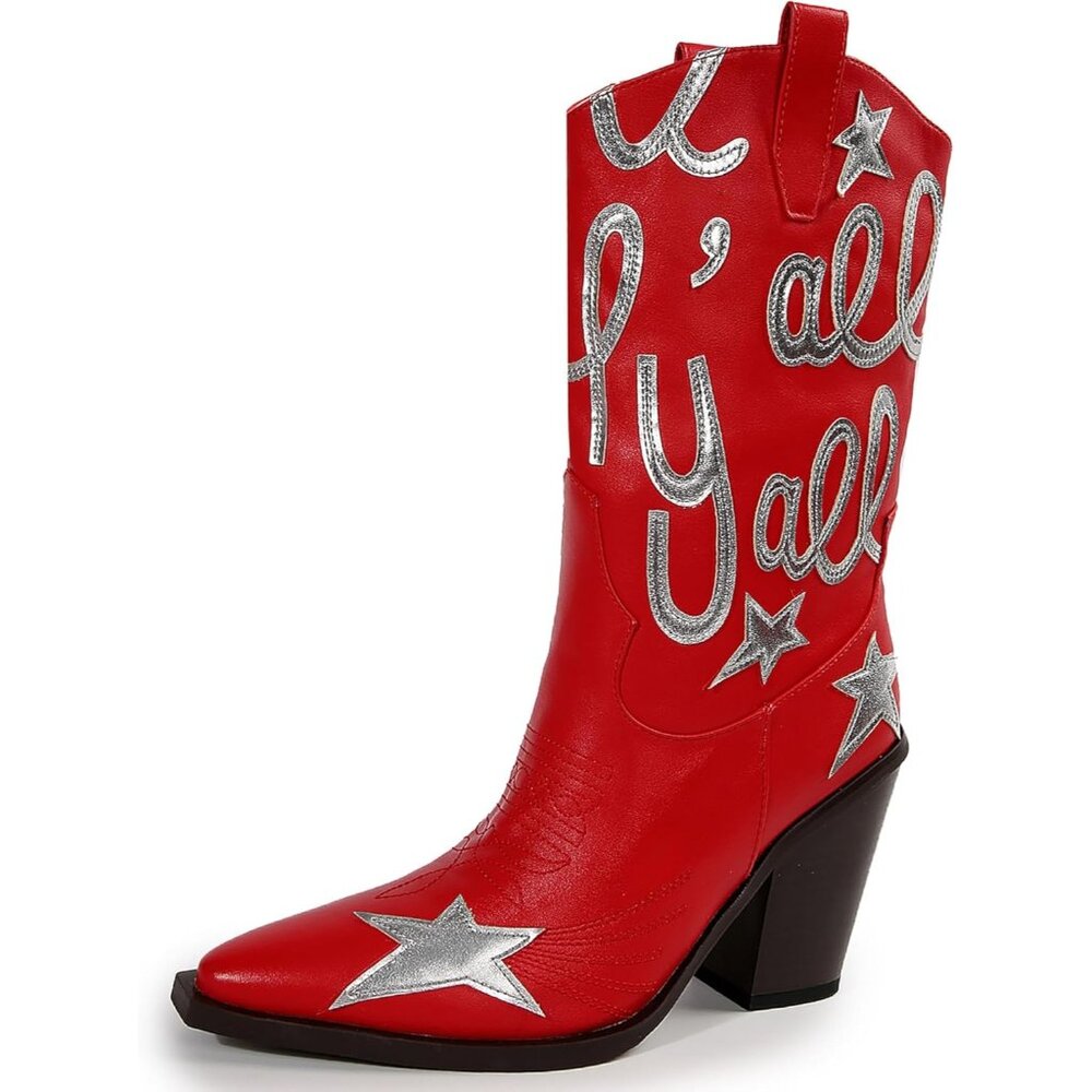 ⚡Women's Red Wide Calf Chunky Sole Block Heel Mid Calf Western Cowgirl Boots